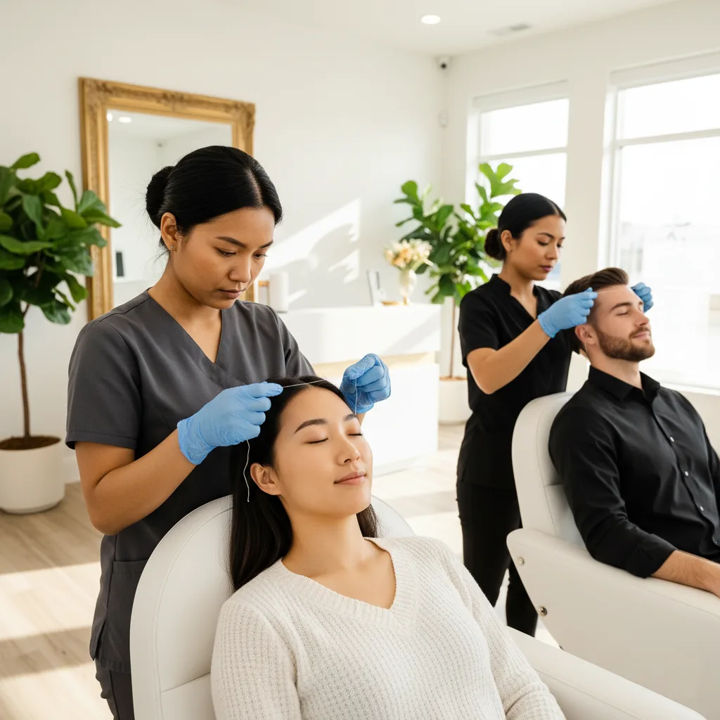 Interior of salon where two professionals are working on eyebrow threading on a couple